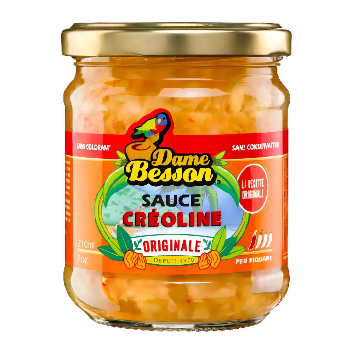 Sauce créoline DAME BESSON - Épicée en bocal de 210 ml, condiment antillais à base d'oignons et de piments doux, idéale pour viandes et poissons.