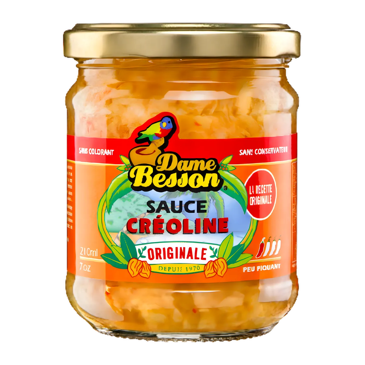 Sauce créoline DAME BESSON - Épicée en bocal de 210 ml, condiment antillais à base d'oignons et de piments doux, idéale pour viandes et poissons.