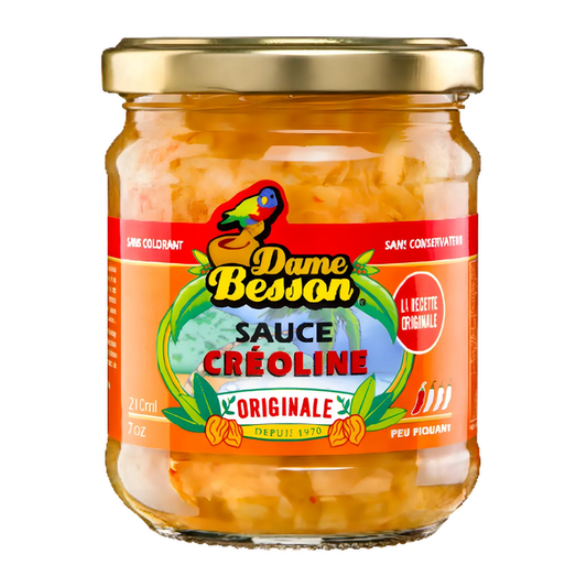 Sauce créoline DAME BESSON - Épicée en bocal de 210 ml, condiment antillais à base d'oignons et de piments doux, idéale pour viandes et poissons.