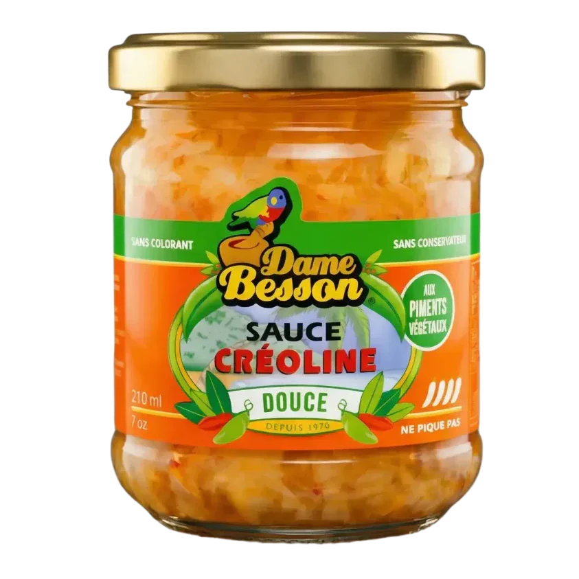 Pot zoete Creoolse saus DAME BESSON. Het kleurrijke etiket toont een papegaai en pepers.