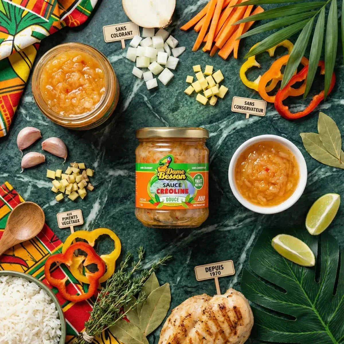 Immagine pubblicitaria Dame Besson: salsa creola dolce. Composizione con ingredienti freschi.
