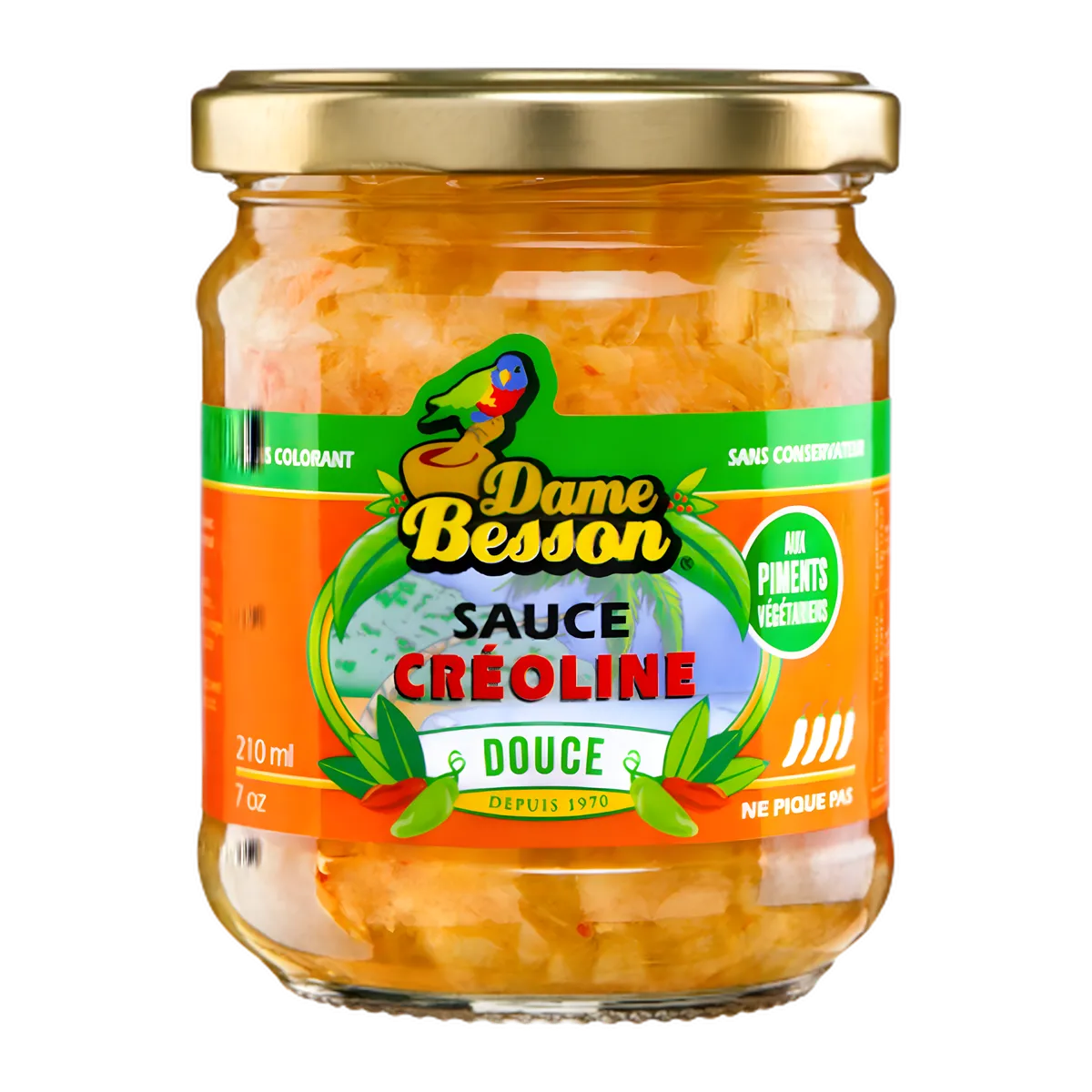 Bocal de sauce créoline douce DAME BESSON 210 ml, aux piments végétariens, sans conservateur, idéal pour relever vos plats avec douceur.