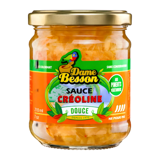 Bocal de sauce créoline douce DAME BESSON 210 ml, aux piments végétariens, sans conservateur, idéal pour relever vos plats avec douceur.