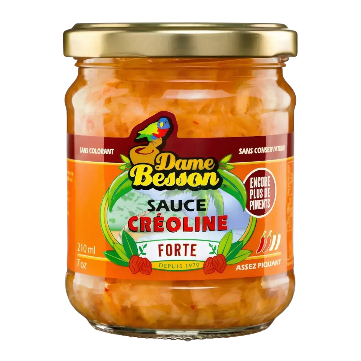 Pot pittige Creoolse saus Dame Besson op zwarte achtergrond. Oranje en groene etiket.