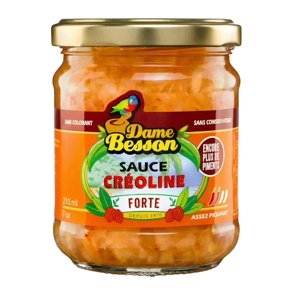 Bocal de sauce créoline forte Dame Besson sur fond noir. Étiquette orange et verte.
