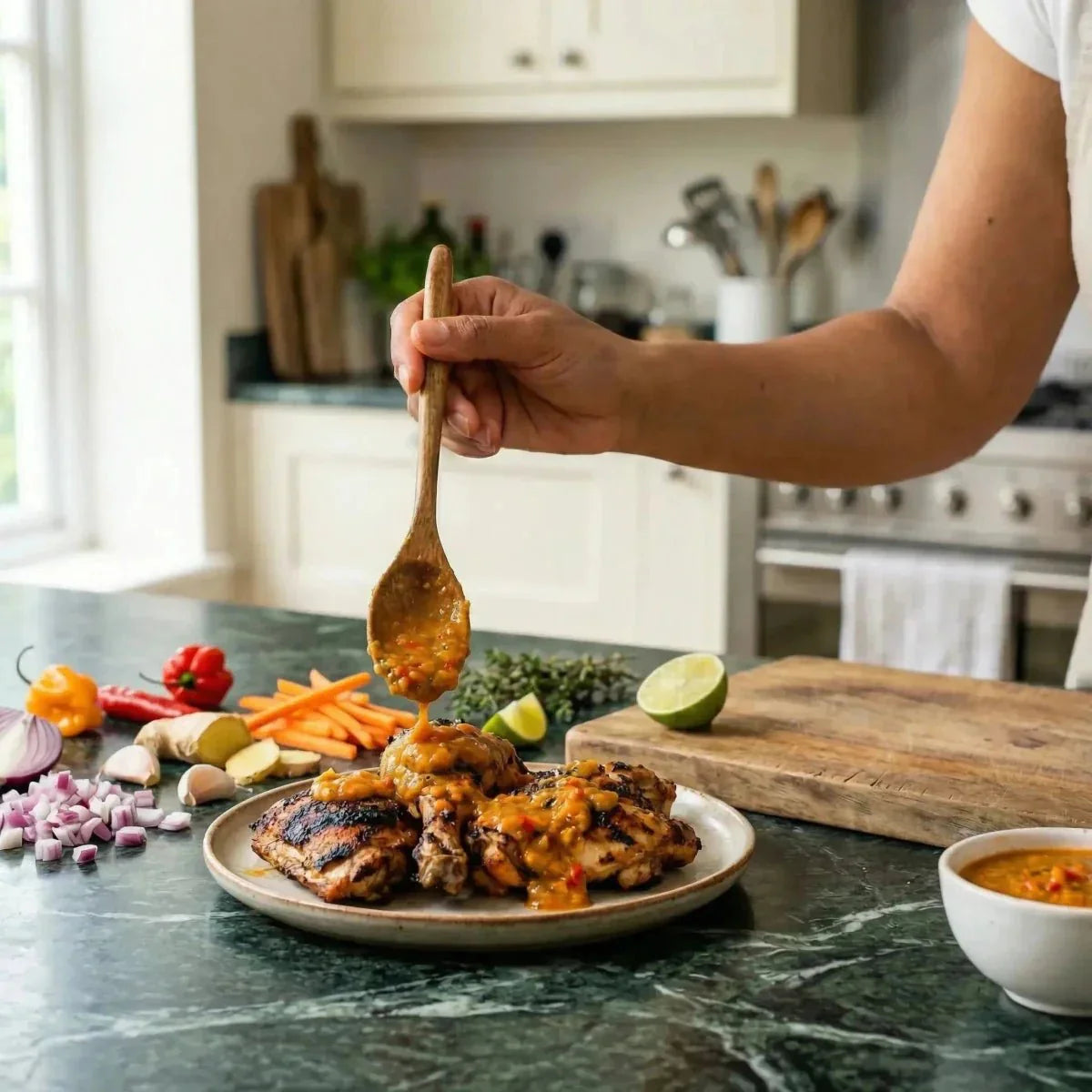 Sauce créoline forte par DAME BESSON versée sur du poulet grillé, avec des légumes frais.
