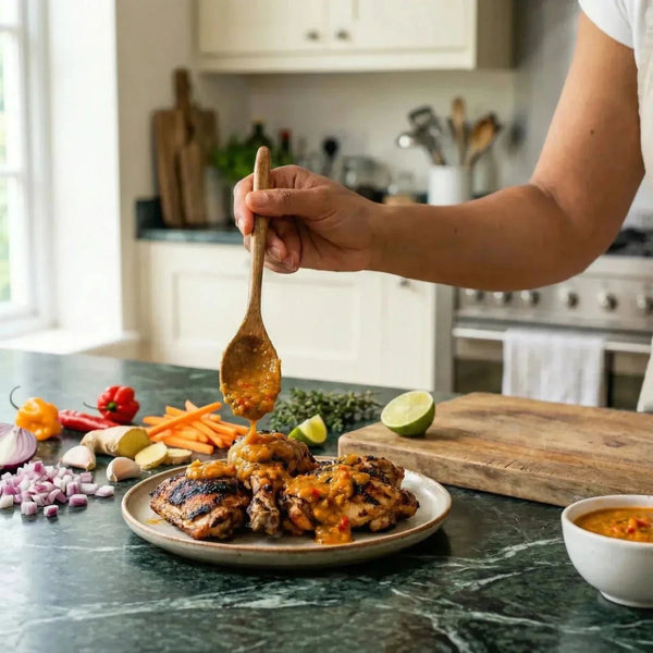 Sauce créoline forte par DAME BESSON versée sur du poulet grillé, avec des légumes frais.