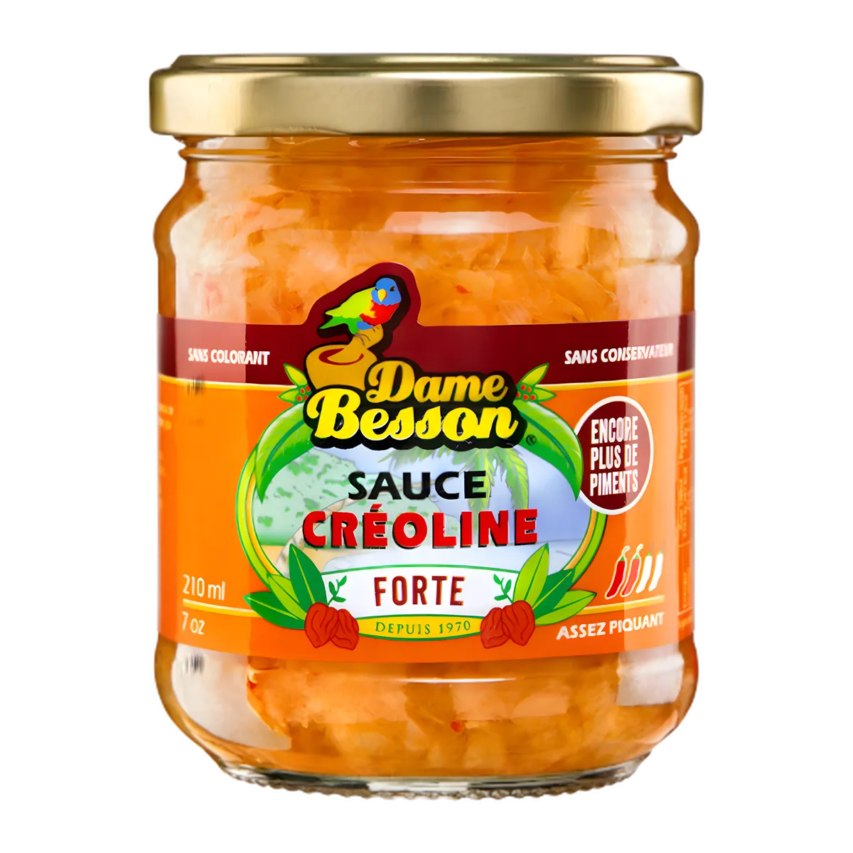 Sauce Créoline Forte DAME BESSON - Épices Intenses en bocal de 210 ml, condiment piquant idéal pour relever vos plats créoles et exotiques.