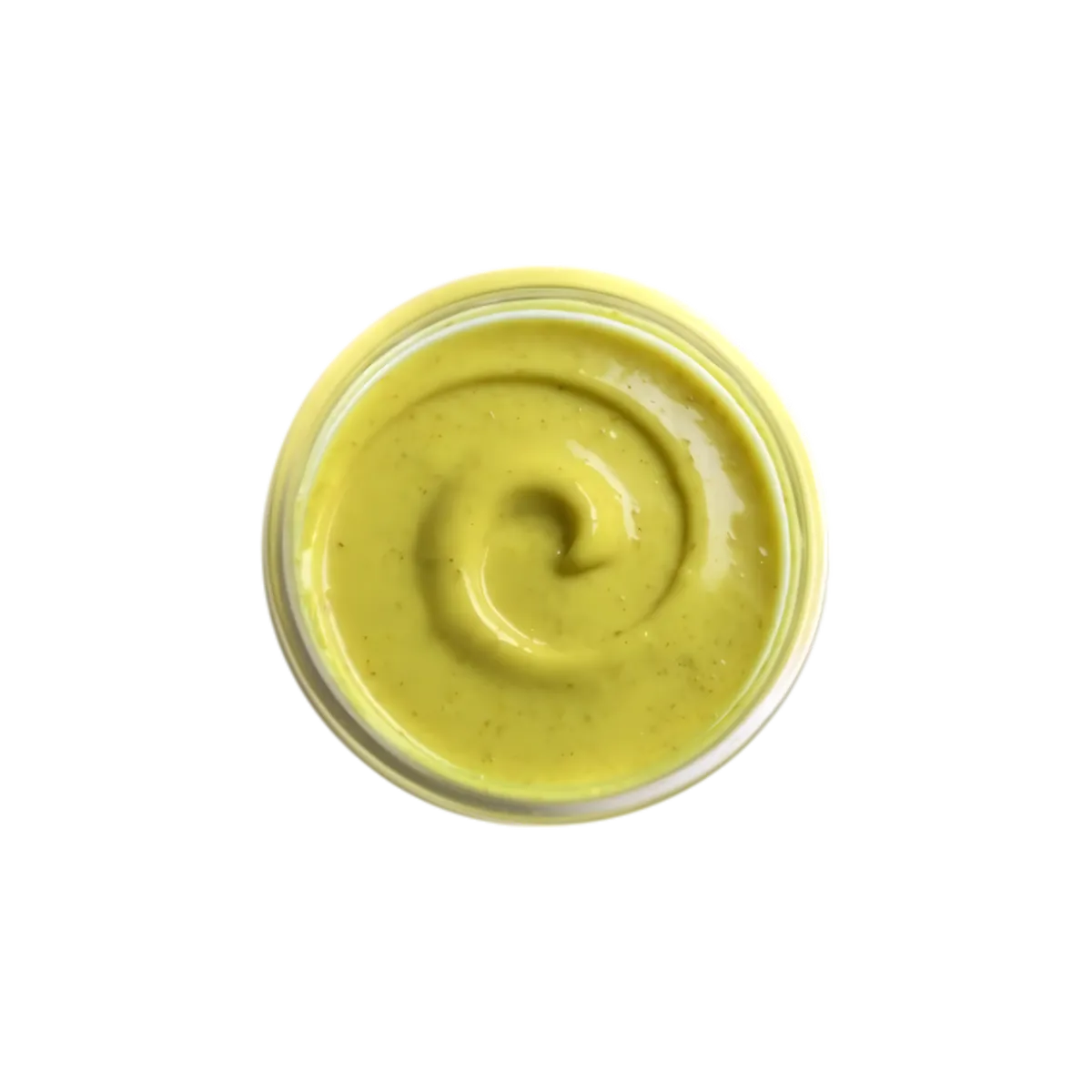 Vue du dessus de la sauce curry coco CHALEUR CREOLE, texture onctueuse et couleur jaune dorée, idéale pour cuisine exotique et épicée.