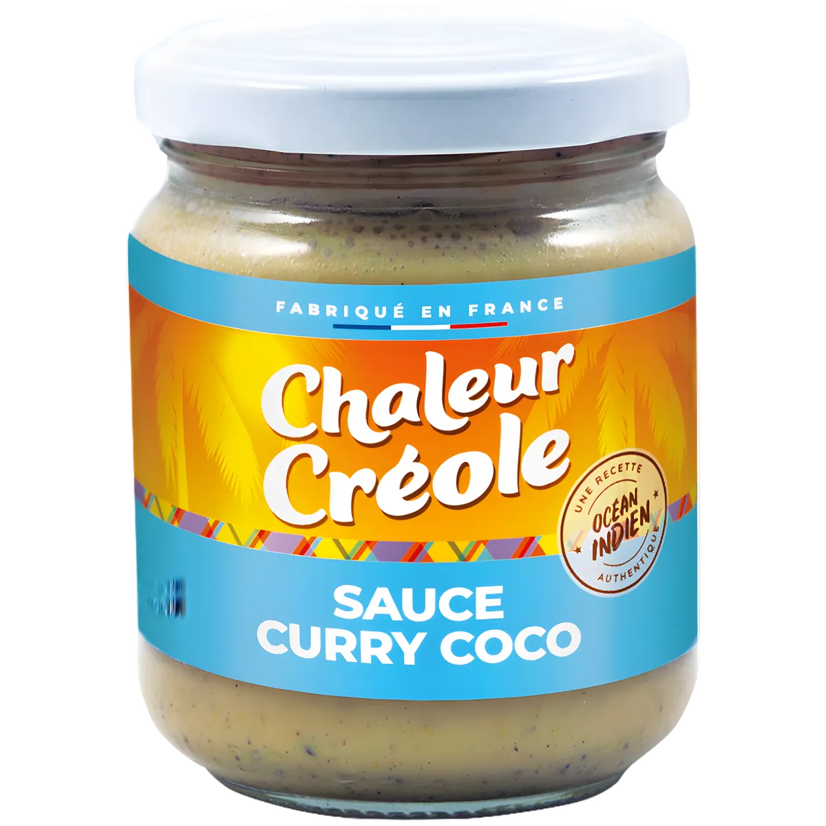 Pot de sauce curry coco CHALEUR CREOLE, crémeuse et exotique, parfait pour plats mijotés, légumes ou viandes. Épicerie salée authentique.