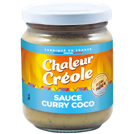 Pot de sauce curry coco CHALEUR CREOLE, crémeuse et exotique, parfait pour plats mijotés, légumes ou viandes. Épicerie salée authentique.