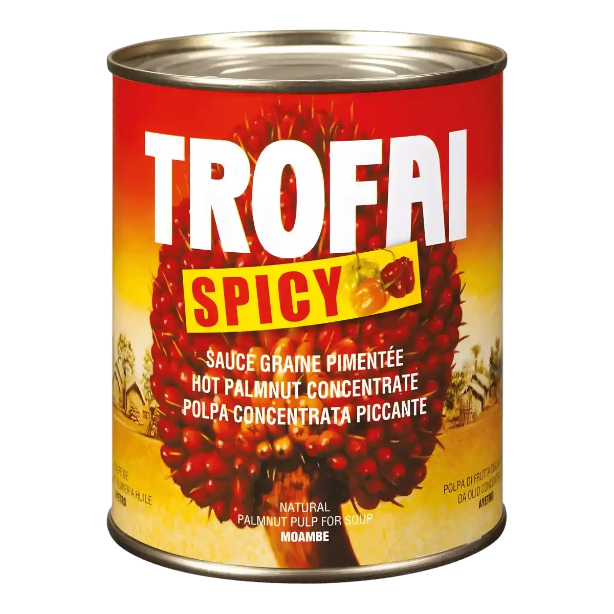 Sauce Graine de Palme Spicy TROFAI - Saveur Épicée en boîte métallique avec visuel de régimes de palme, idéale pour plats africains épicés.
