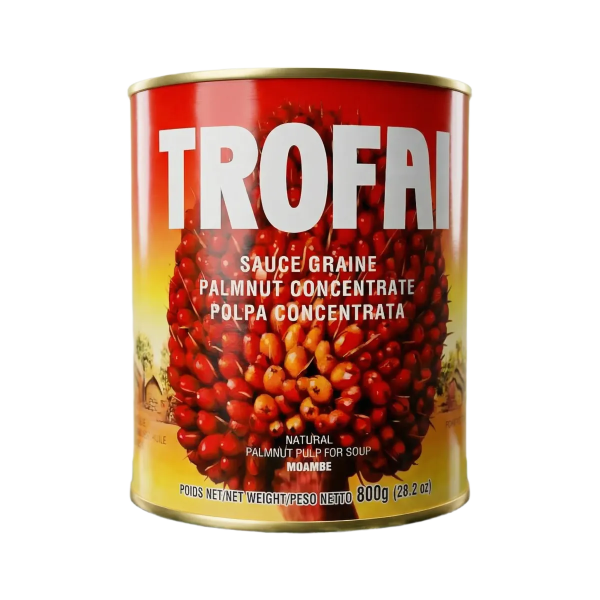Geconcentreerde palmpit saus van Trofai, in een rood-gele metalen doos.
