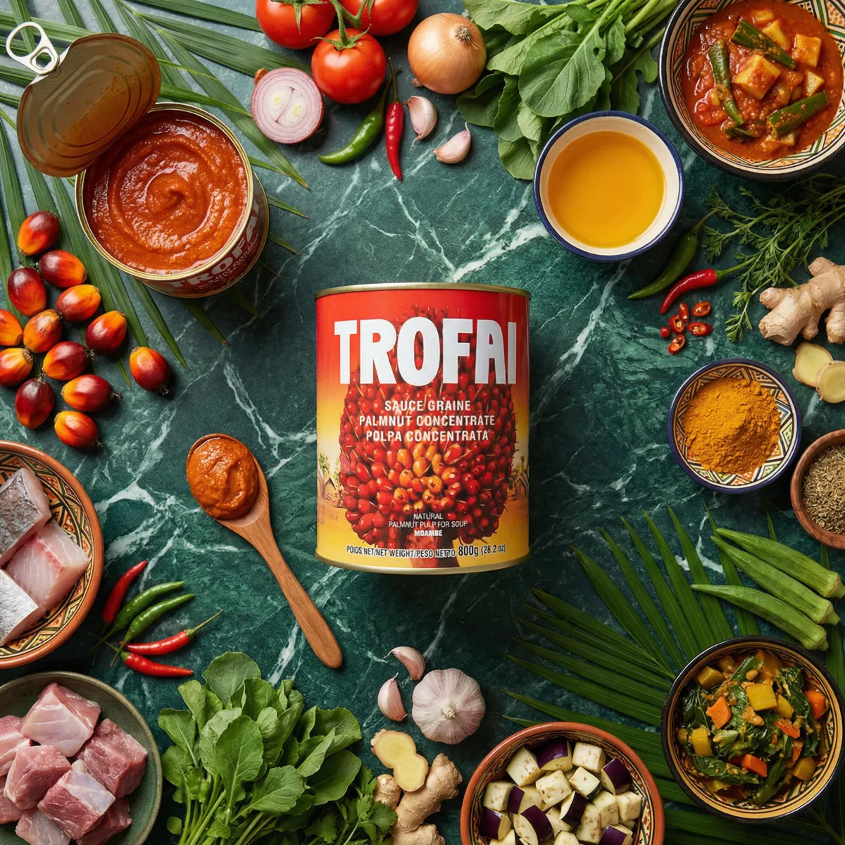 Konservierte Sauce graine von TROFAI, umgeben von frischen Zutaten.