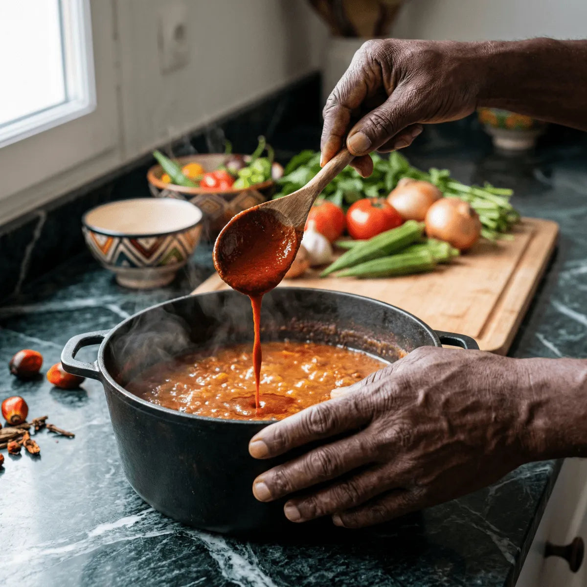 Rote Sauce graine von TROFAI, in einen großen dampfenden Topf gegossen, mit frischem Gemüse und Händen.