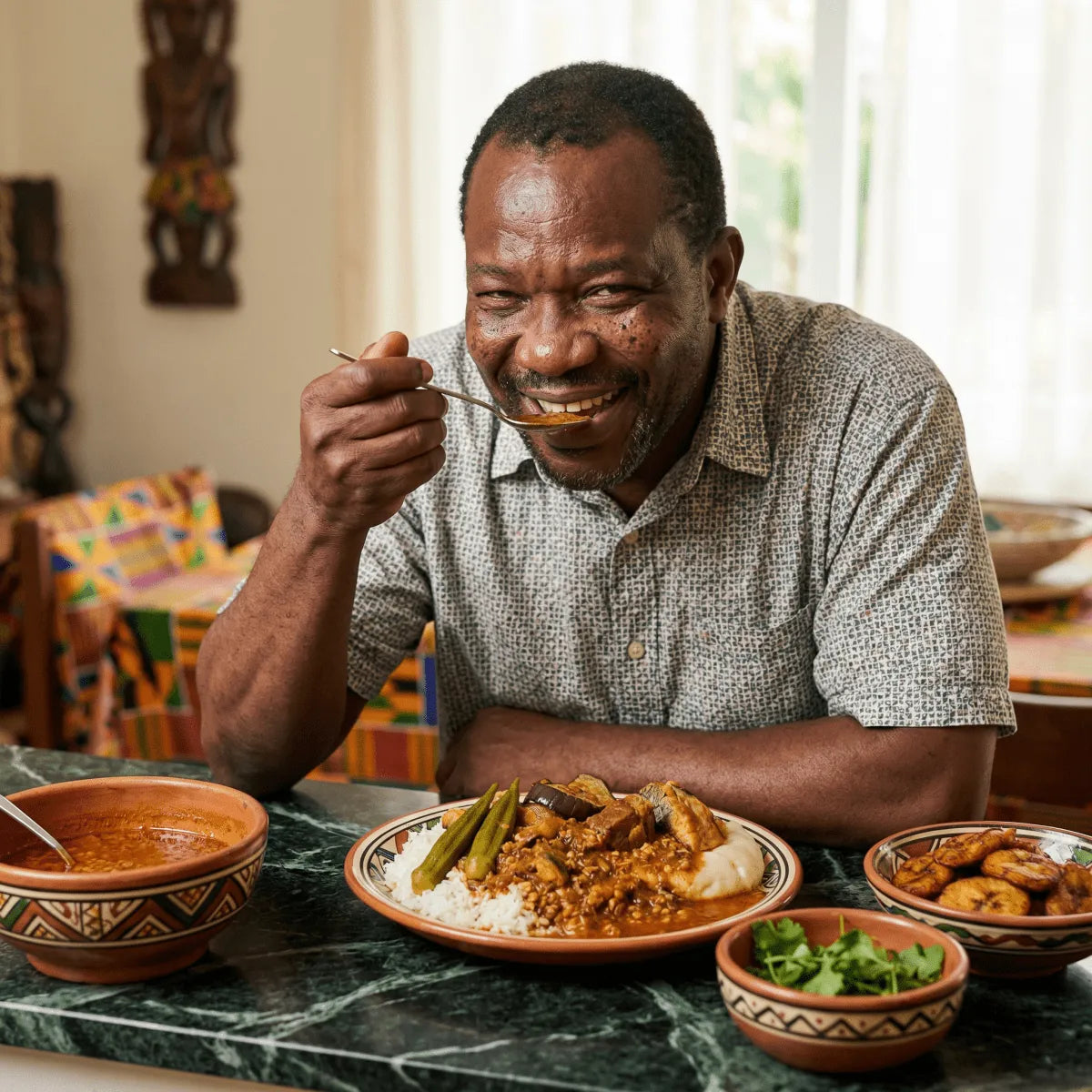 Ein Mann genießt eine TROFAI-Samen-Sauce. Traditionelles afrikanisches Gericht mit Sauce und Gemüse.