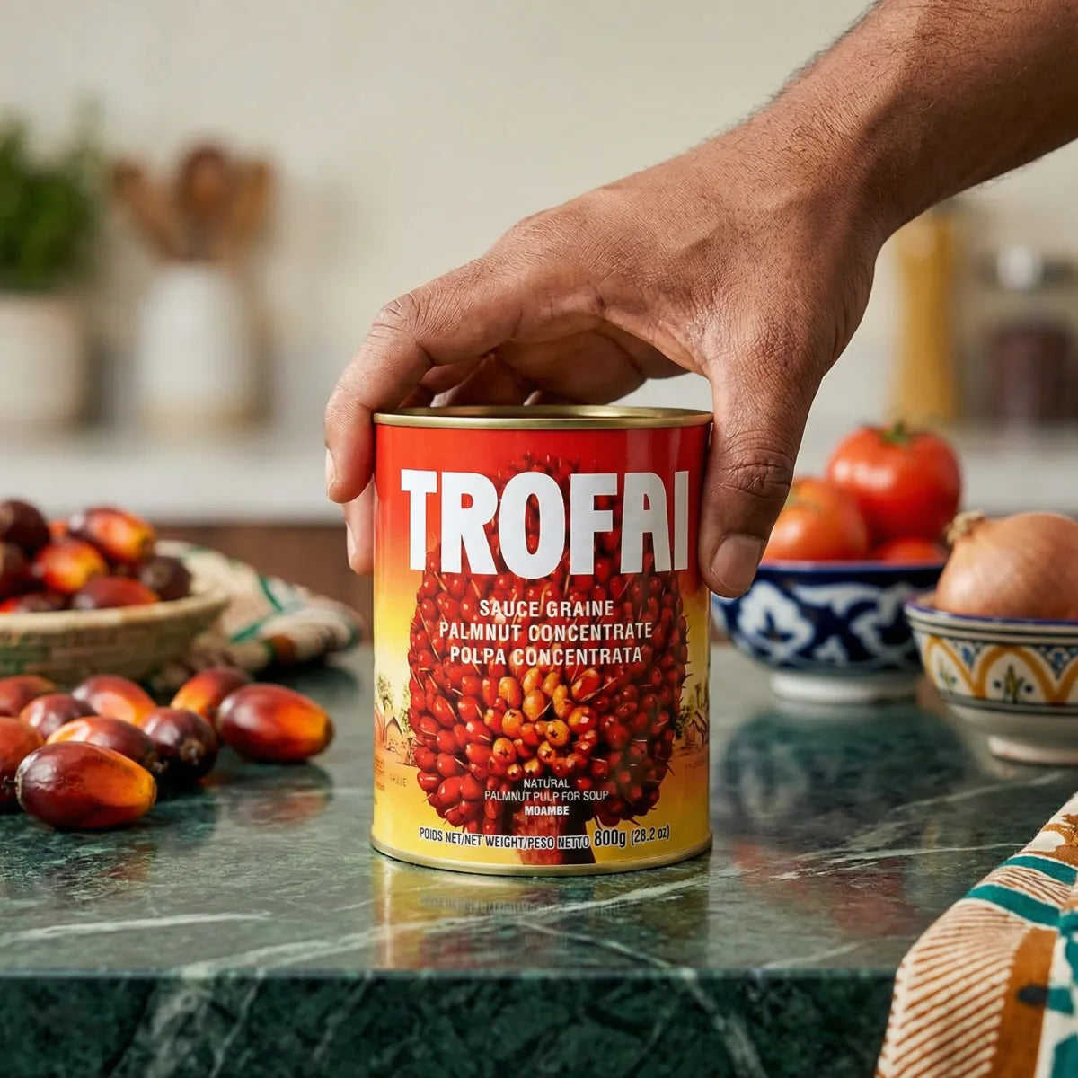 Konzentrierte rote Trofai-Samen-Sauce, präsentiert auf einem Tisch mit Tomaten und Zwiebeln.