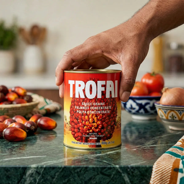 Sauce graine rouge concentrée de Trofai, présentée sur une table avec des tomates et des oignons.
