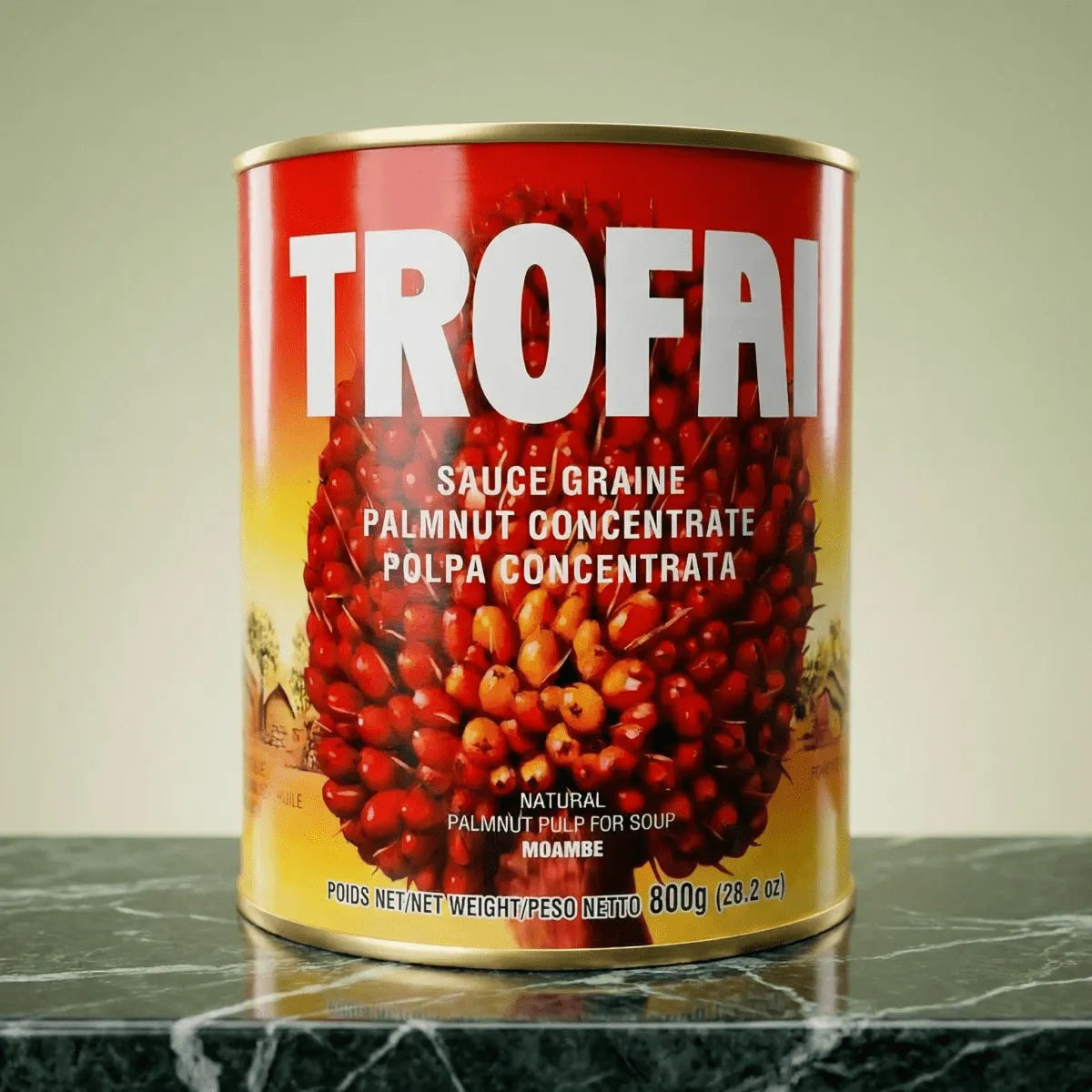 Konzentrierte Palmfruchtsauce von TROFAI, mit einer Illustration roter und orangefarbener Palmfrüchte.