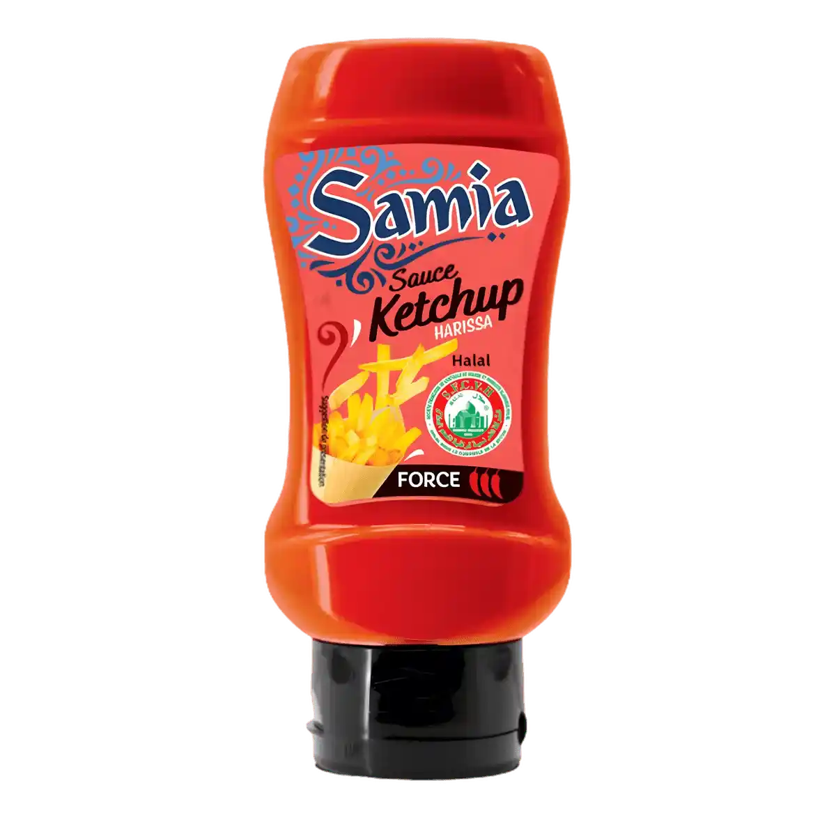 Bouteille de Sauce Harissa Halal SAMIA au design rouge vif, ketchup épicé halal idéal pour accompagner frites et plats orientaux.