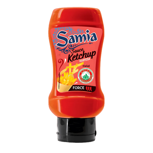 Bouteille de Sauce Ketchup Harissa Halal SAMIA avec étiquette rouge, idéale pour relever les plats. Condiment halal épicé - HUILE, ÉPICES - NKOSI.
