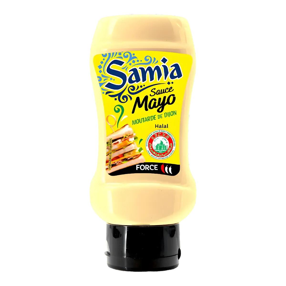 Sauce mayonnaise SAMIA halal en bouteille souple avec moutarde de Dijon, idéale pour l'épicerie salée et les condiments crémeux.