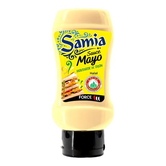 Sauce mayonnaise SAMIA - Halal en bouteille souple, condiment crémeux à la moutarde de Dijon pour frites, sandwiches et salades.