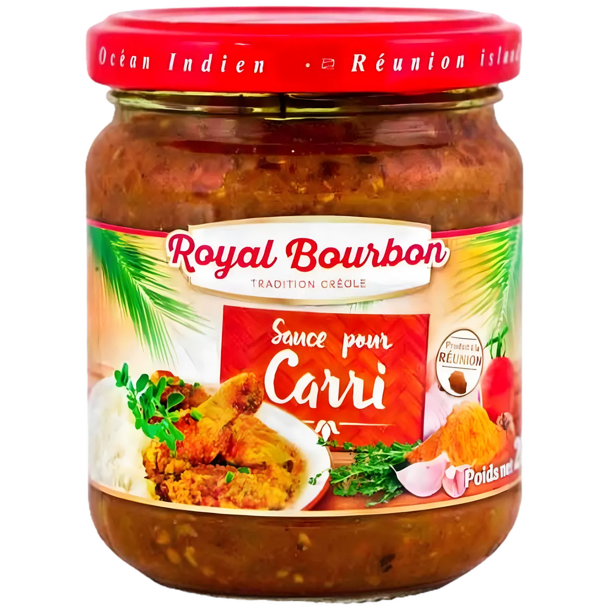 Bocal de sauce pour carri Royal Bourbon, épicerie salée aux épices exotiques, idéal pour plats créoles de viande ou poisson.