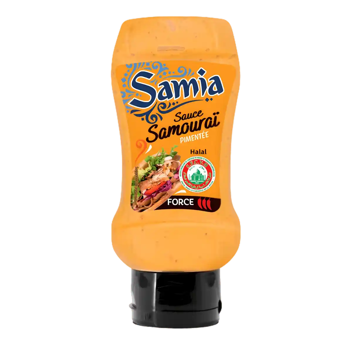 Sauce Samourai halal SAMIA - Rehaussez Vos Plats | Crémeux, Épicé en flacon souple avec bouchon noir, idéale pour accompagner vos plats épicés.