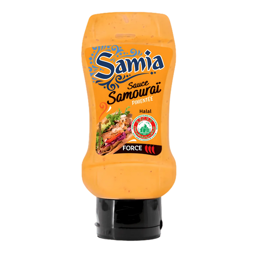 Sauce Samourai halal SAMIA en flacon souple, condiment épicé à base d'huile et d'épices, idéale pour plats halal - HUILE, CONDITIONNEMENT, ÉPICES - NKOSI.