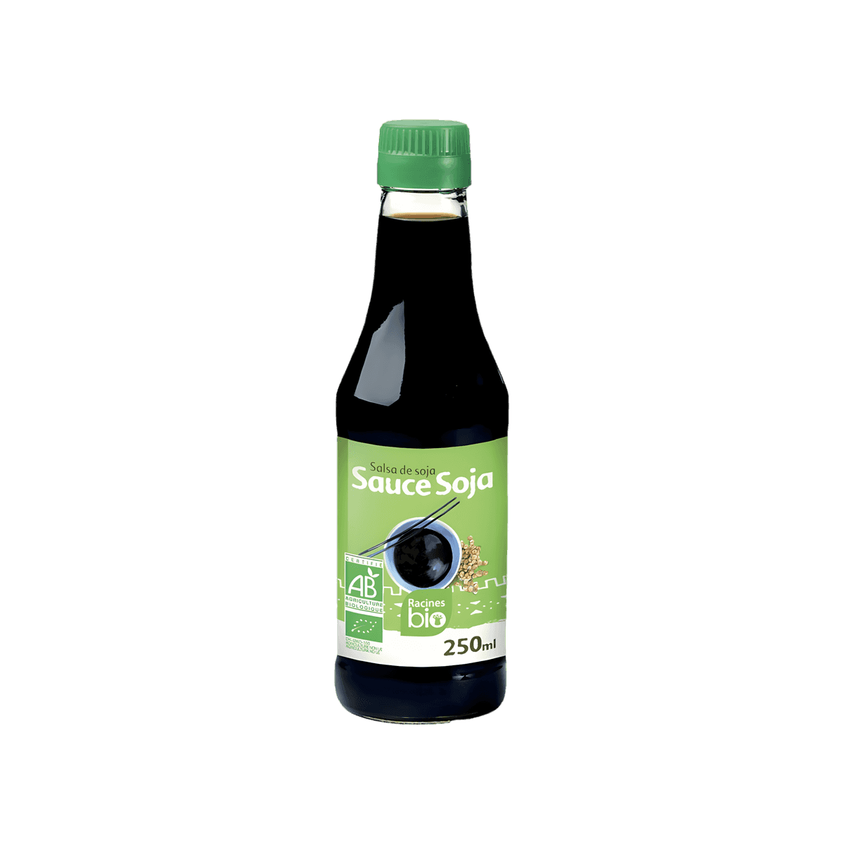 Bouteille de 250ml de sauce soja RACINES BIO avec étiquette verte, condiment bio pour cuisine asiatique - ÉPICERIE SALÉE - NKOSI.