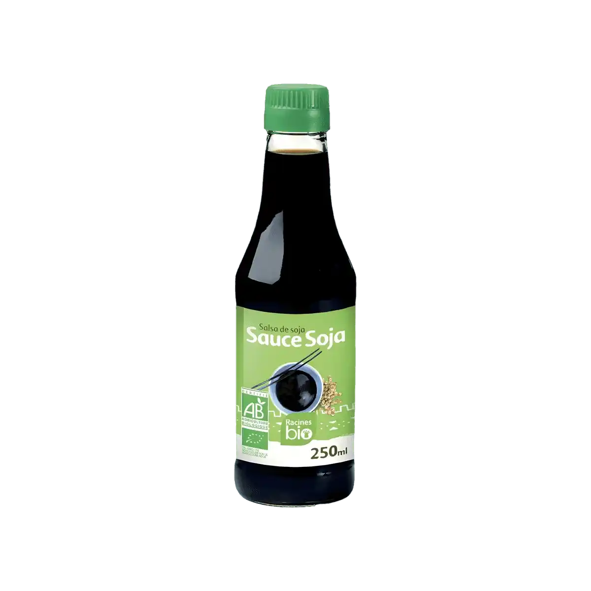 Bouteille de 250ml de sauce soja RACINES BIO, condiment bio polyvalent pour cuisine asiatique, étiquette verte certifiée AB.