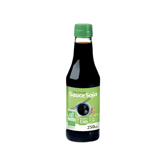 Bouteille de 250ml de sauce soja RACINES BIO avec étiquette verte, condiment bio pour cuisine asiatique - ÉPICERIE SALÉE - NKOSI.