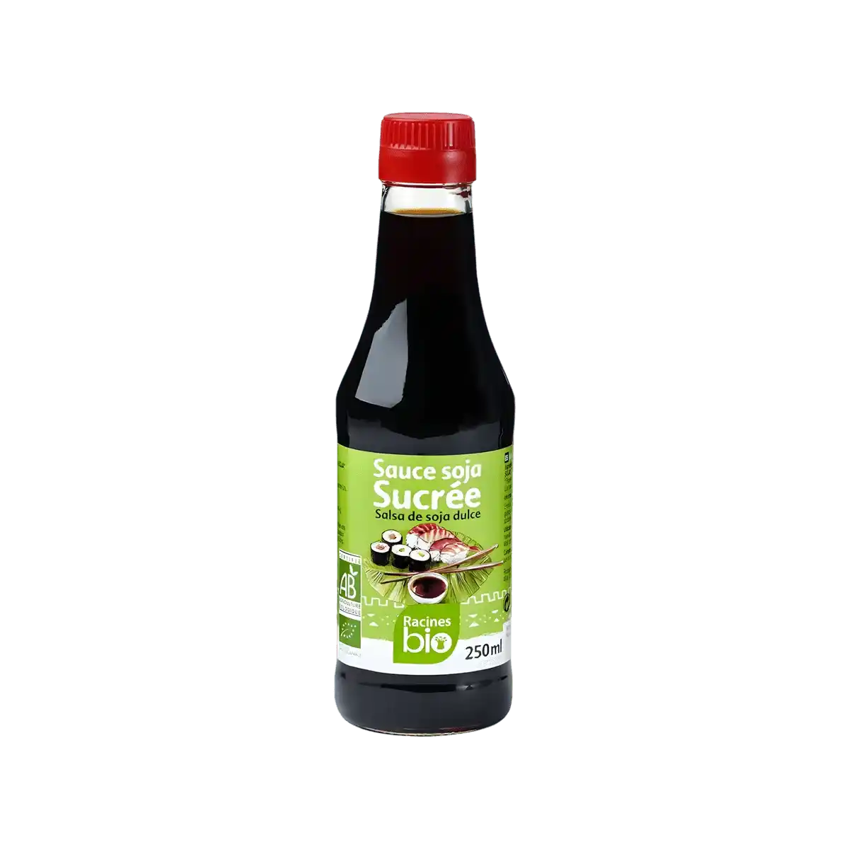 Bouteille de sauce soja sucrée RACINES BIO 250ml, étiquette verte, produit bio pour épicerie salée, goût équilibré et savoureux.