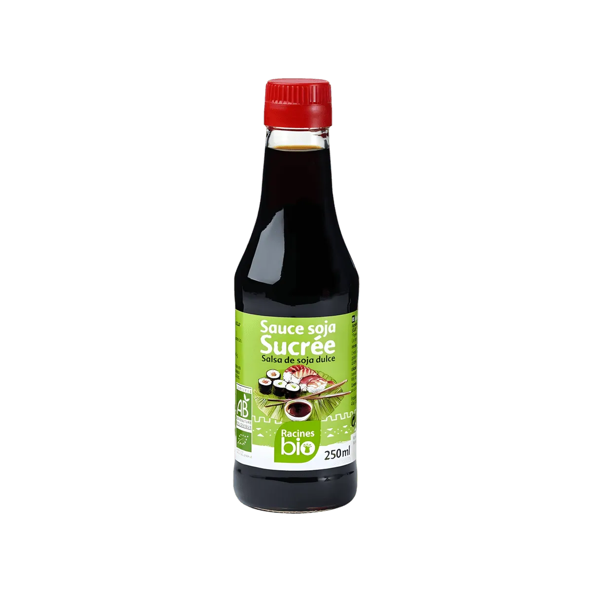 Bouteille de sauce soja sucrée RACINES BIO 250ml, condiment bio pour cuisine asiatique, vendue en épicerie salée sur NKOSI.