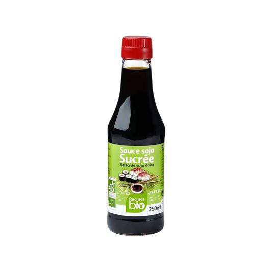 Bouteille de sauce soja sucrée RACINES BIO 250ml, condiment bio pour cuisine asiatique, vendue en épicerie salée sur NKOSI.