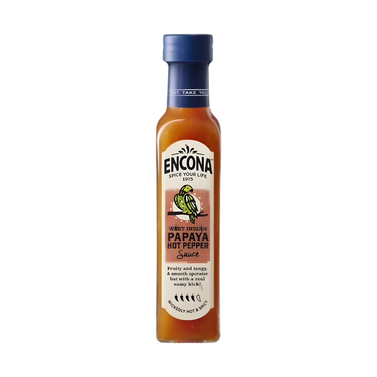 Sauce piment papaye Encona dans une bouteille en verre, saveur épicée des Caraïbes idéale pour relever vos plats exotiques.