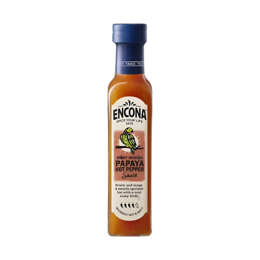 Sauce piment papaye Encona dans une bouteille en verre, saveur épicée des Caraïbes idéale pour relever vos plats exotiques.