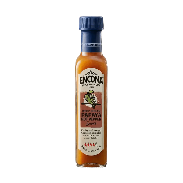 Bottle of ENCONA Papaya hot sauce, exotic flavor in a dynamic and colorful style.