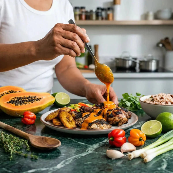 Papaya and Caribbean chili sauce sold in a pack, by ENCONA.