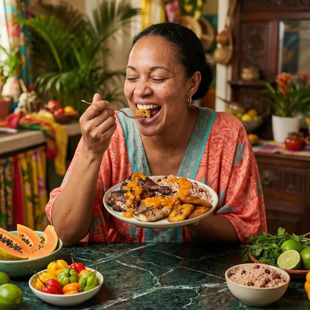 ENCONA, sauce pimentée West Indian Papaya. Femme savourant un plat exotique, ambiance colorée.