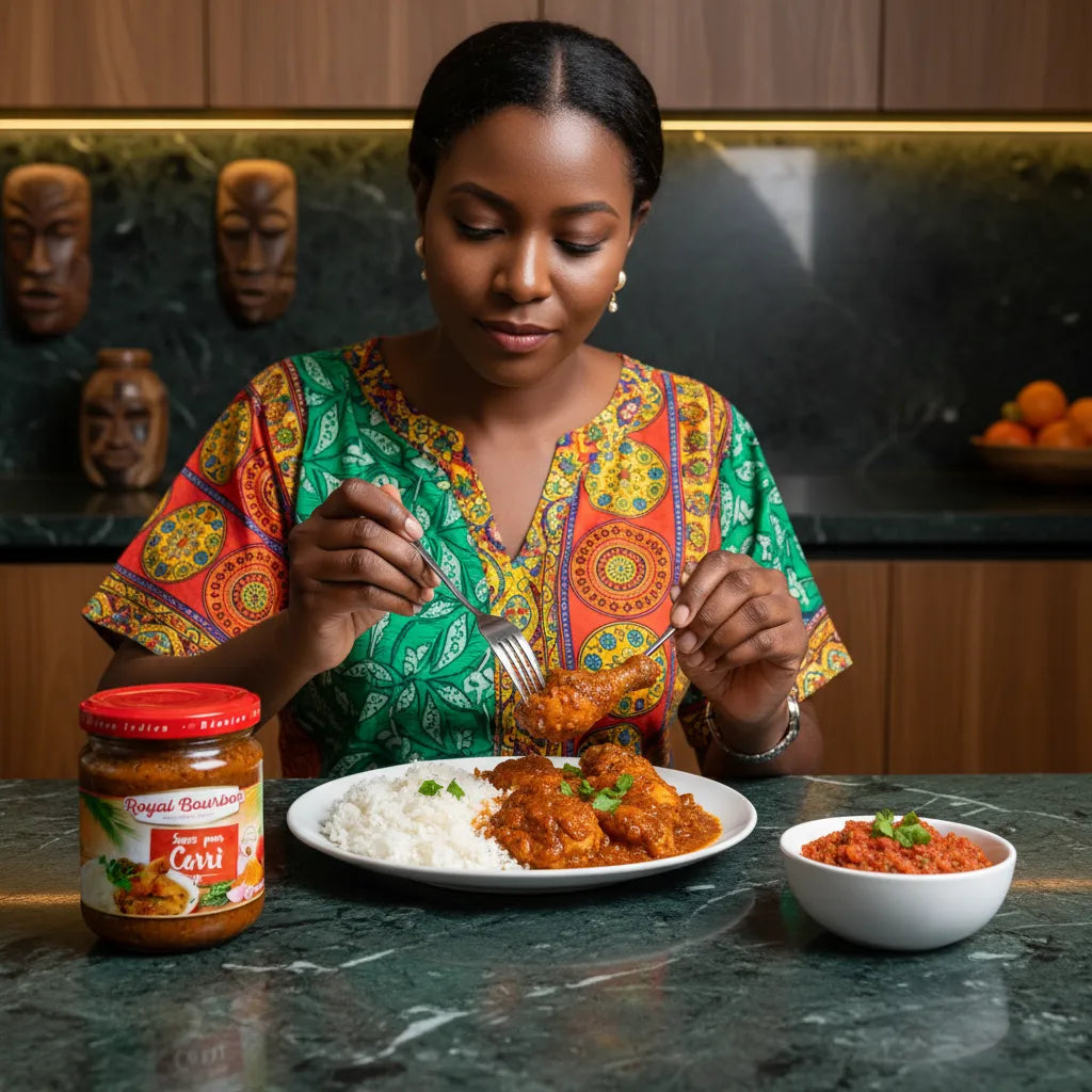 Femme dégustant un plat de carri accompagné de riz, préparé avec la sauce Royal Bourbon, saveurs exotiques et épices aromatiques.