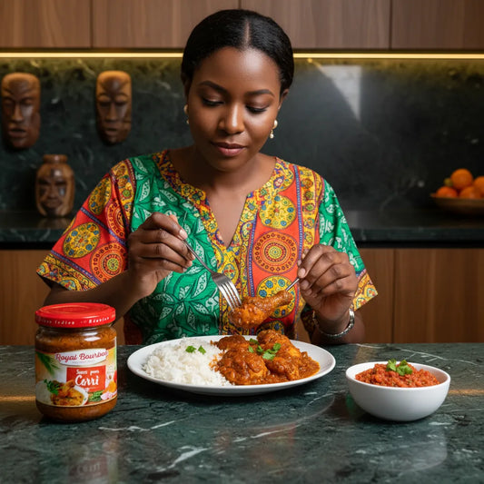 Femme dégustant un plat de carri accompagné de riz, préparé avec la sauce Royal Bourbon, saveurs exotiques et épices aromatiques.