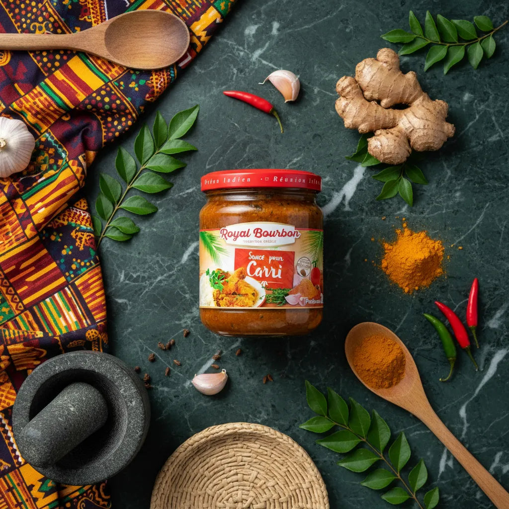 Pot de sauce Royal Bourbon entouré d'épices fraîches, ail, gingembre et piments, parfait pour recettes de carri maison.