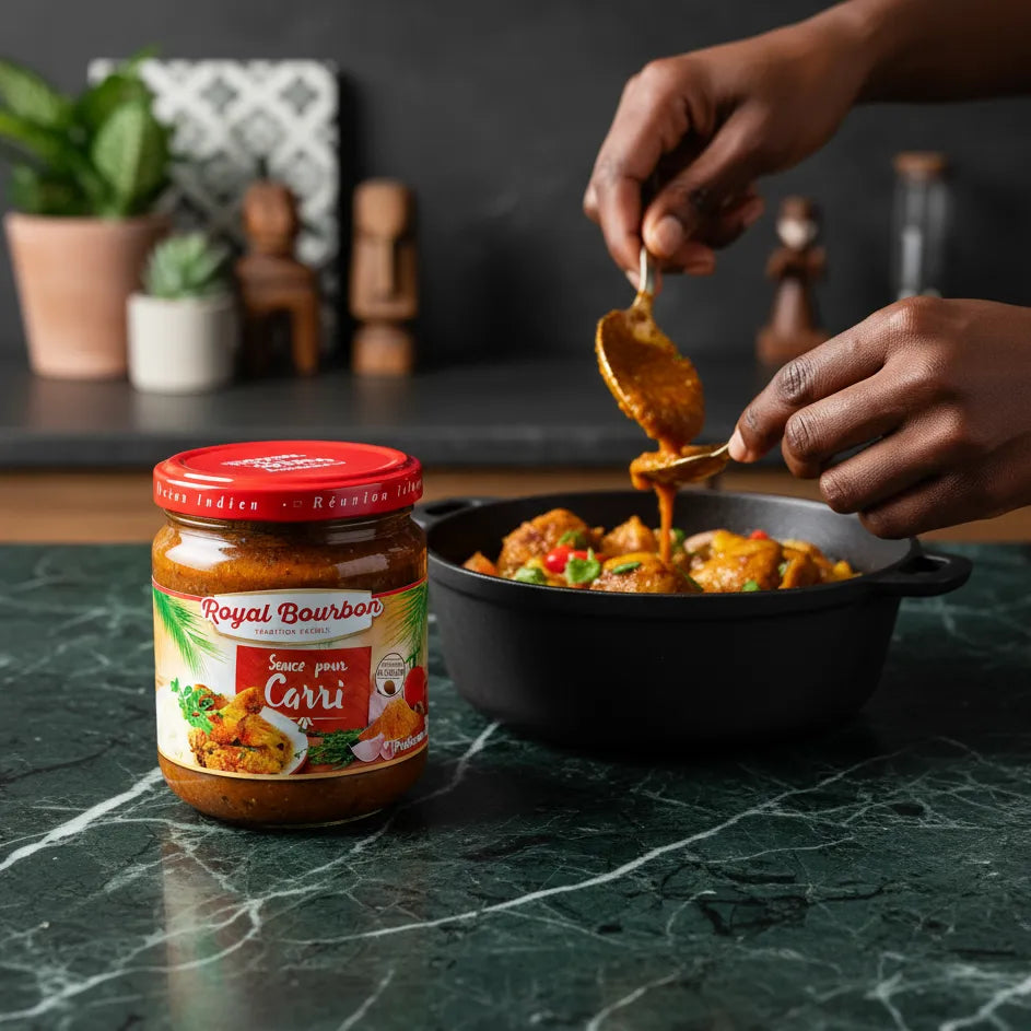 Préparation d’un plat au carri avec la sauce Royal Bourbon, marinade riche en épices pour viandes et plats traditionnels.