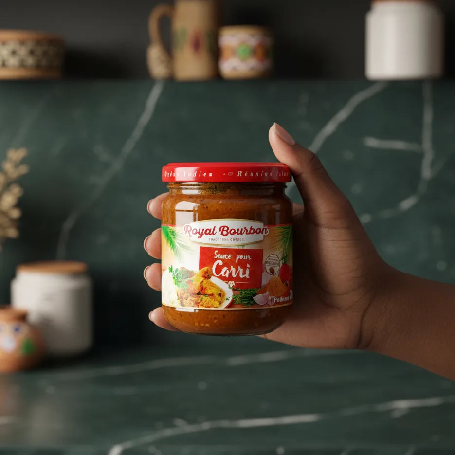 Main tenant un pot de sauce pour carri Royal Bourbon, condiment créole aux épices pour cuisine authentique et épicerie salée.