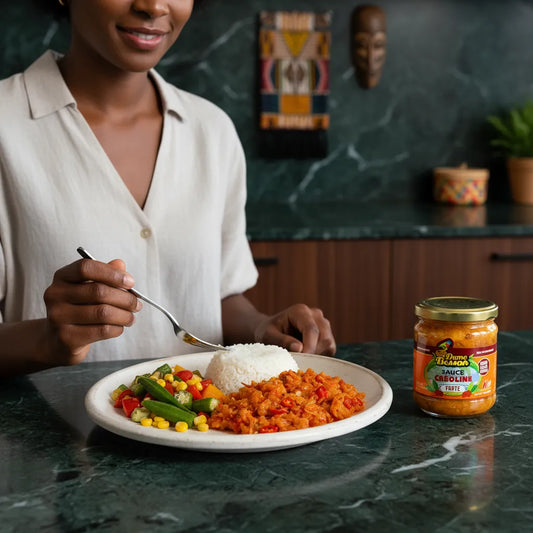 Repas servi avec la Sauce Créoline Forte DAME BESSON, condiment créole intense accompagnant riz, légumes et viande.