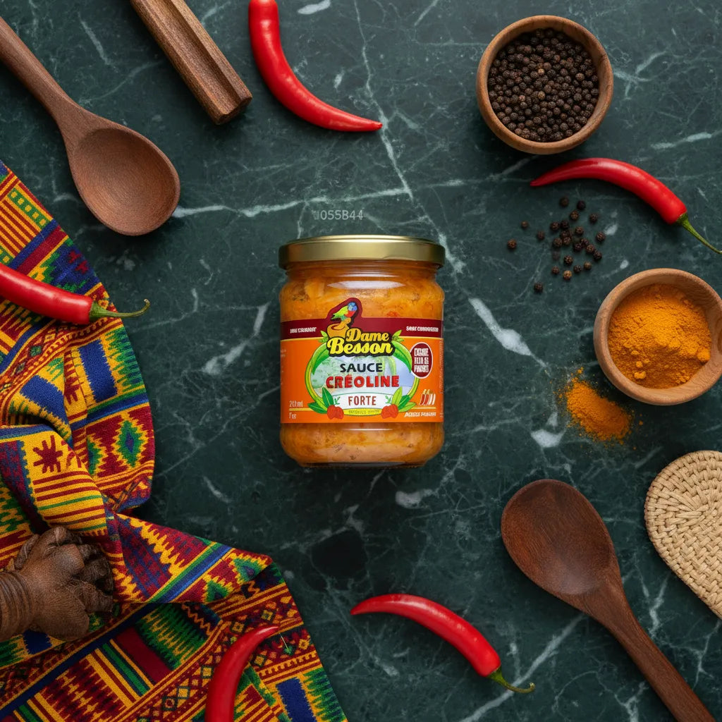 Sauce Créoline Forte DAME BESSON au centre d’un décor d’épices exotiques, parfait pour relever vos plats traditionnels.