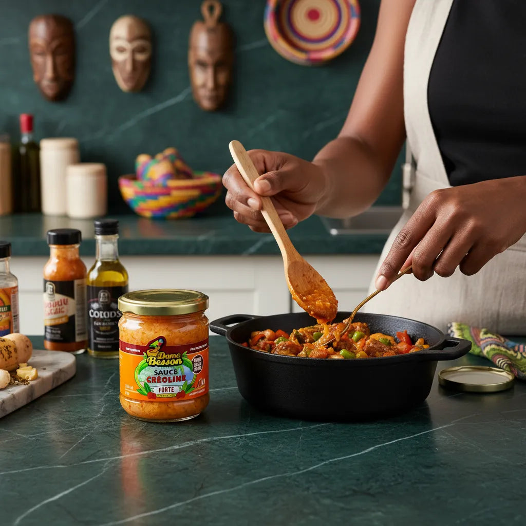 Utilisation de la Sauce Créoline Forte DAME BESSON dans une recette mijotée, condiment épicé pour cuisine créole savoureuse.