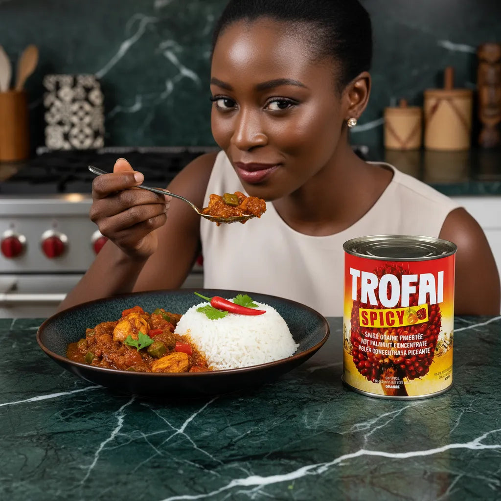 Femme dégustant un plat de riz et sauce à base de Sauce Graine de Palme Spicy TROFAI, idéale pour repas savoureux et épicés faits maison.